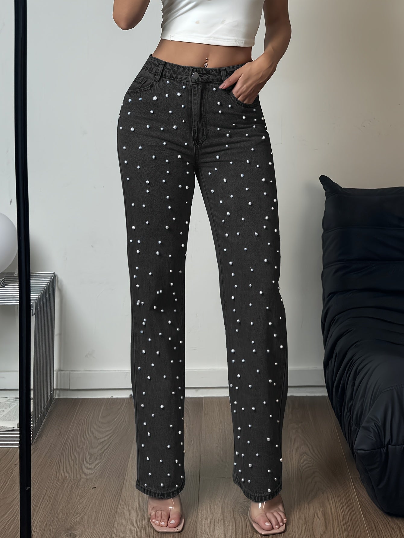 Women's Casual Straight Leg Denim Pants with Pearl Accents - Loose Fit, High-Waisted, Machine Washable, Pockets & Zipper Closure for Year-Round Wear, Party & Everyday Outfits, Straight Leg Jeans